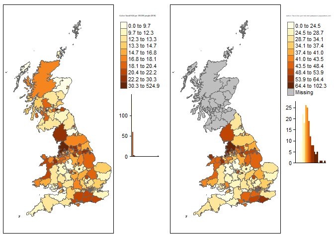 Number of active travel (walking and cycling) casualties killed and seriously injured (KSI) per 100,000 resident population (left) and working population (right), 2010-2019.