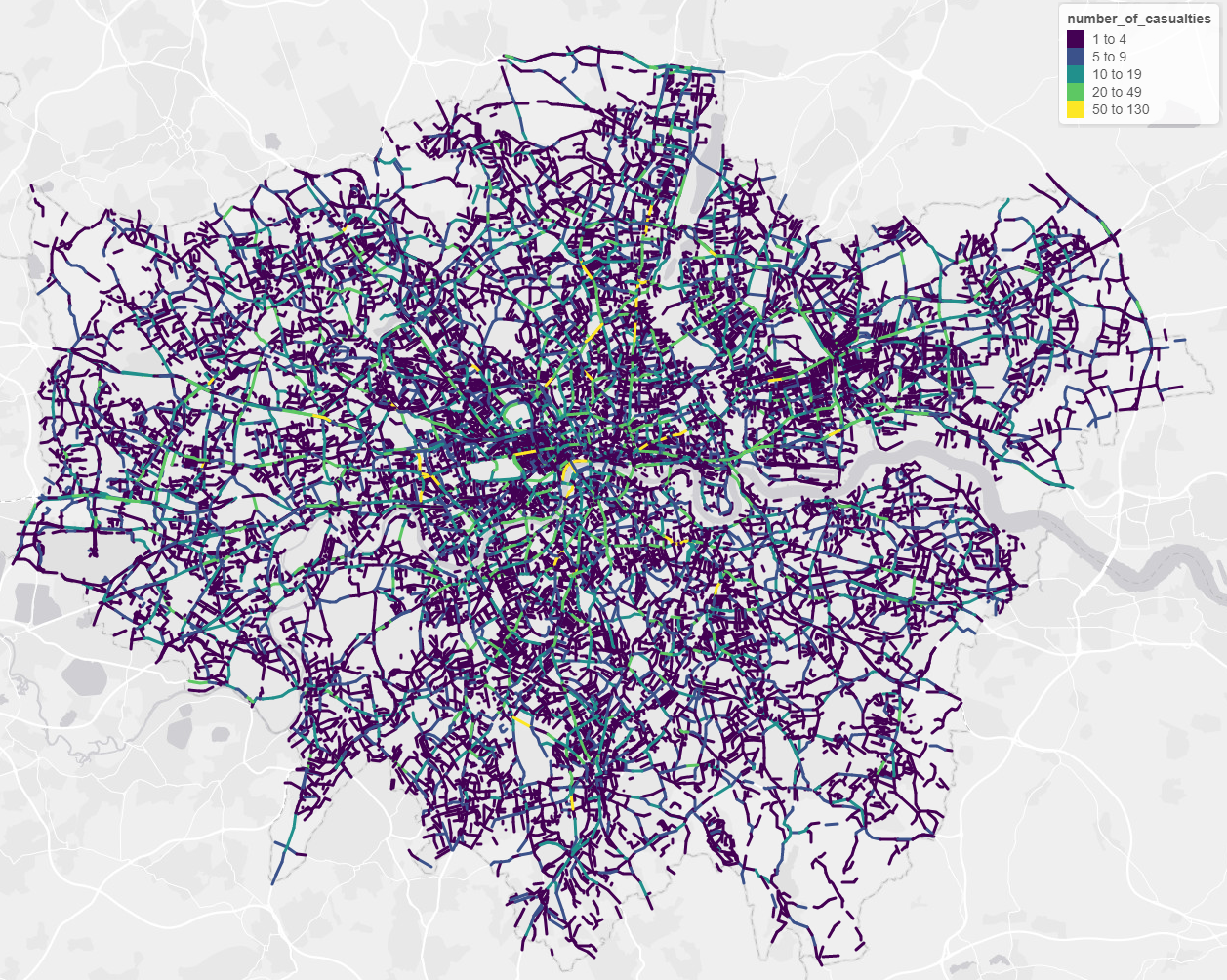 Preliminary maps of London roads showing number of casualties over the last 10 years from crashed not at junctions