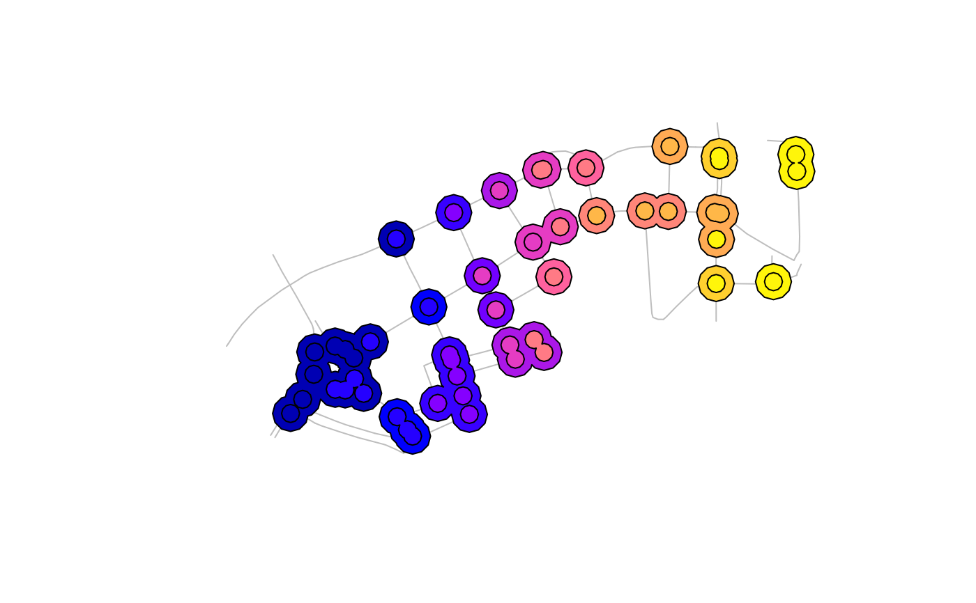 Junction clustering with 15m and 30m threshold distances (top) and illustration of an edge case in OSM data where junctions are not represented by a shared node (bottom)